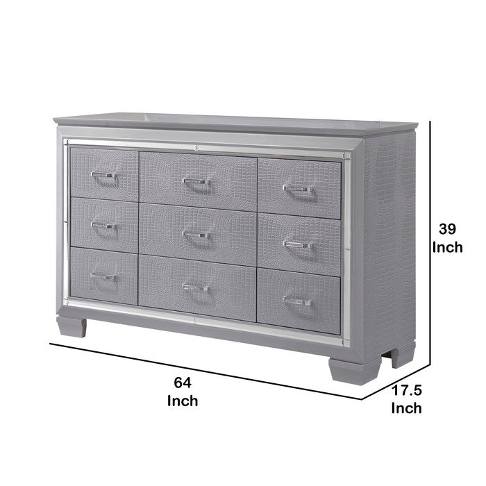 9 Drawers Textured Wooden Frame Dresser with Beveled Mirror Inserts, Gray