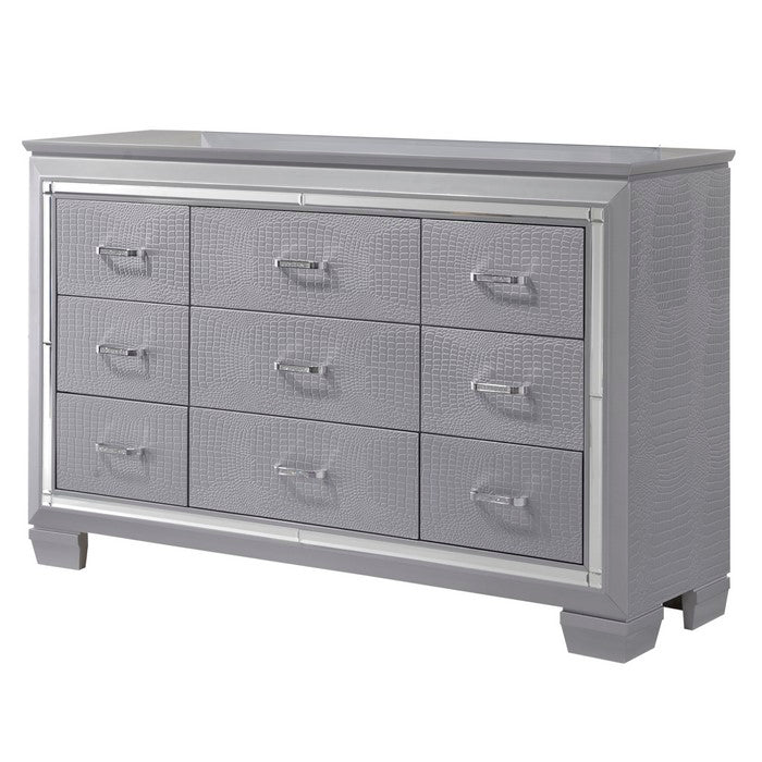 9 Drawers Textured Wooden Frame Dresser with Beveled Mirror Inserts, Gray