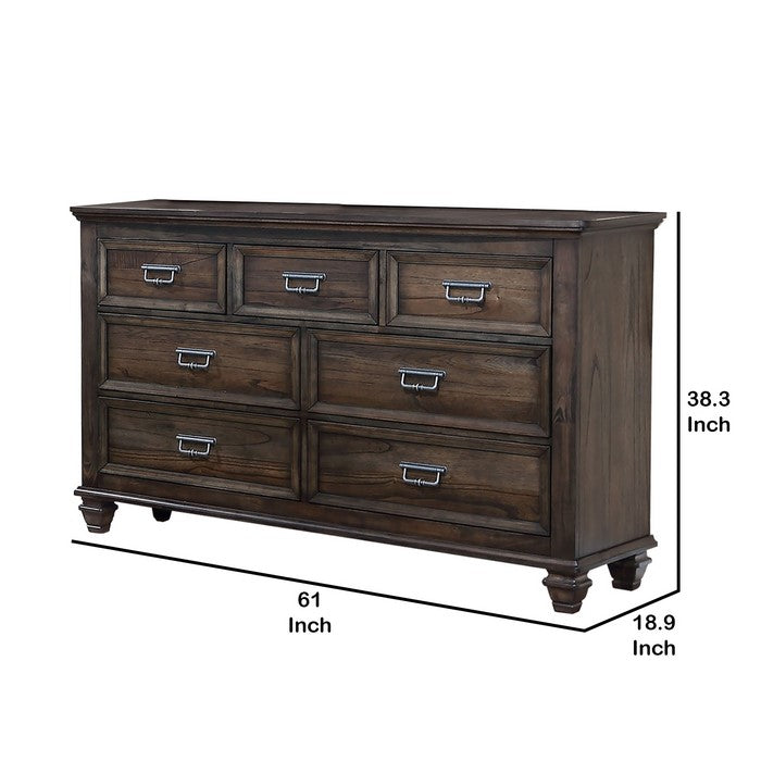 Grained Wooden Frame Dresser with 7 Drawers and Tapered Legs, Brown