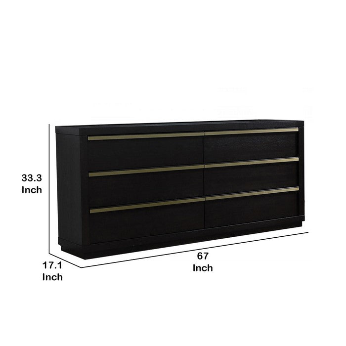 6 Drawers Wooden Frame Dresser with Metal trim, Dark Brown and Gold