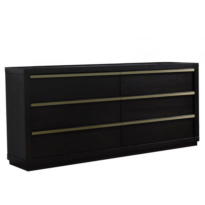 6 Drawers Wooden Frame Dresser with Metal trim, Dark Brown and Gold