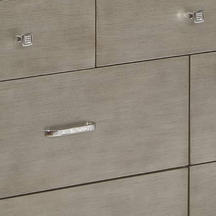 Beaded and Mirror Inlayed Wooden Dresser with 7 Drawers, Gray and Silver