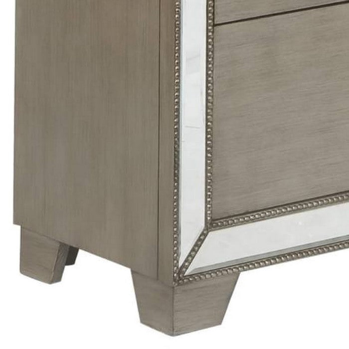 Beaded and Mirror Inlayed Wooden Dresser with 7 Drawers, Gray and Silver