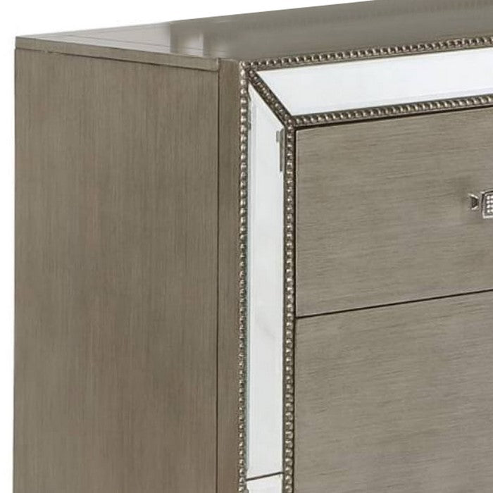 Beaded and Mirror Inlayed Wooden Dresser with 7 Drawers, Gray and Silver