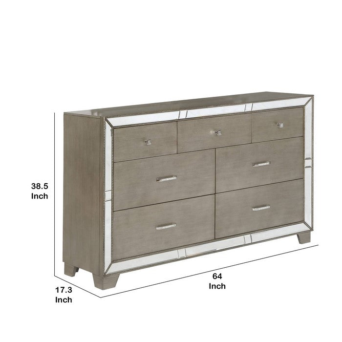 Beaded and Mirror Inlayed Wooden Dresser with 7 Drawers, Gray and Silver