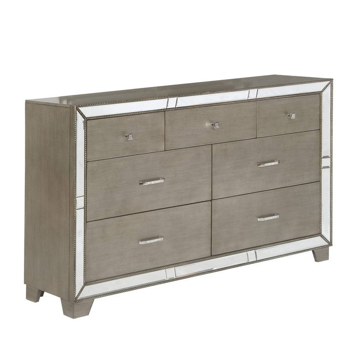 Beaded and Mirror Inlayed Wooden Dresser with 7 Drawers, Gray and Silver
