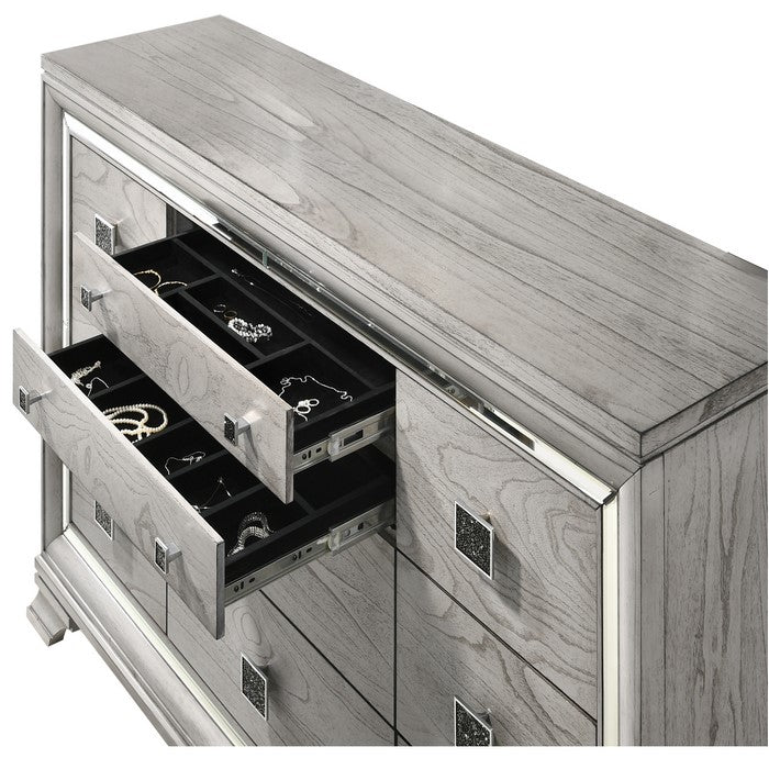 Beaded Wooden Frame Dresser with 10 Drawers, Gray and Silver