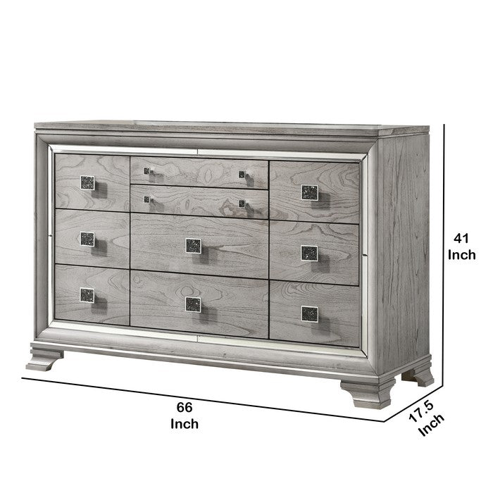 Beaded Wooden Frame Dresser with 10 Drawers, Gray and Silver