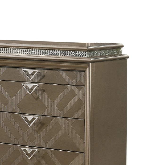 8 Drawers Wooden Dresser with Crystal Inlay and V Pulls, Brown and Silver - BM215137