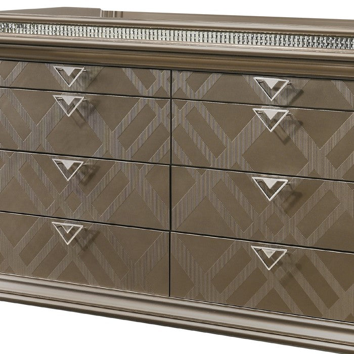 8 Drawers Wooden Dresser with Crystal Inlay and V Pulls, Brown and Silver - BM215137