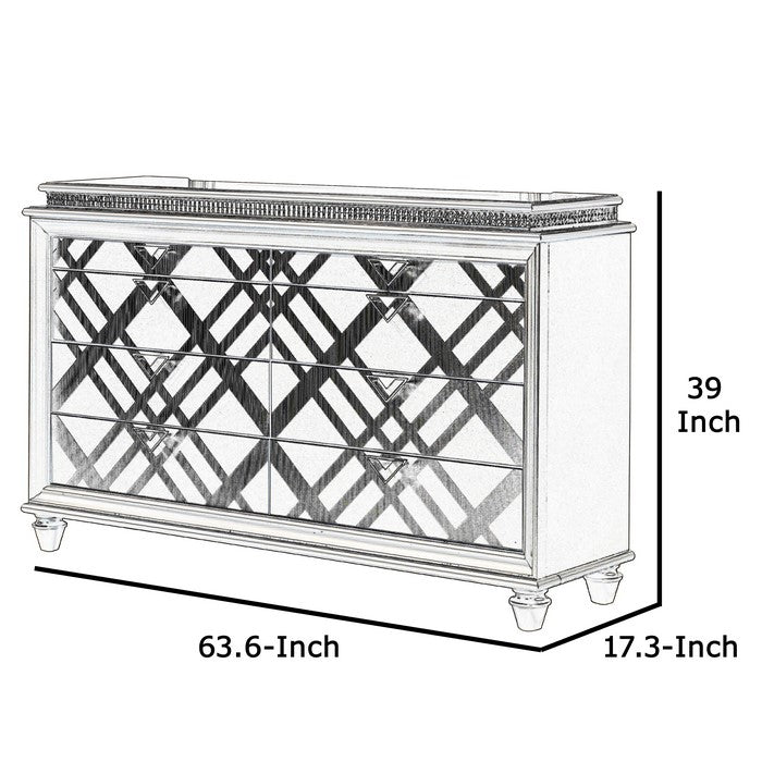 8 Drawers Wooden Dresser with Crystal Inlay and V Pulls, Brown and Silver - BM215137