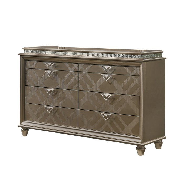 8 Drawers Wooden Dresser with Crystal Inlay and V Pulls, Brown and Silver - BM215137