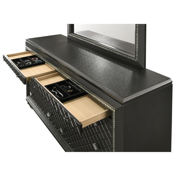 8 Drawers Wooden Dresser with Diamond Engraved Fronts, Black and Silver