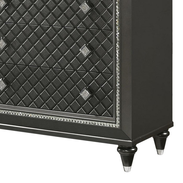 8 Drawers Wooden Dresser with Diamond Engraved Fronts, Black and Silver