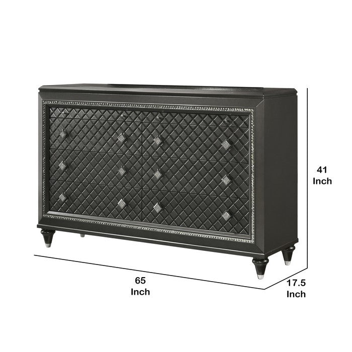 8 Drawers Wooden Dresser with Diamond Engraved Fronts, Black and Silver