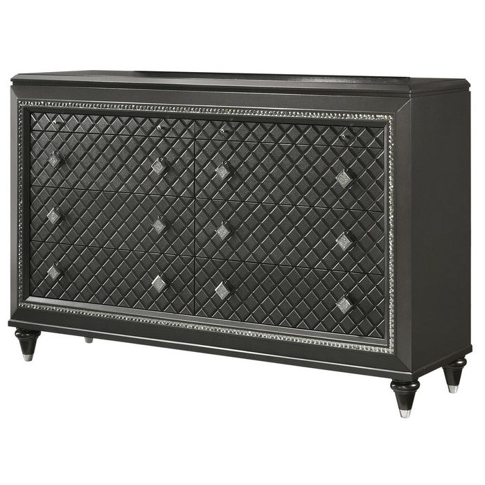 8 Drawers Wooden Dresser with Diamond Engraved Fronts, Black and Silver