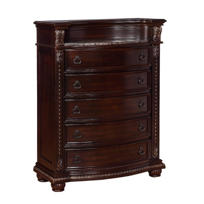 5 Drawers Wooden Chest with Engraved Details and Bun Feet, Cherry Brown