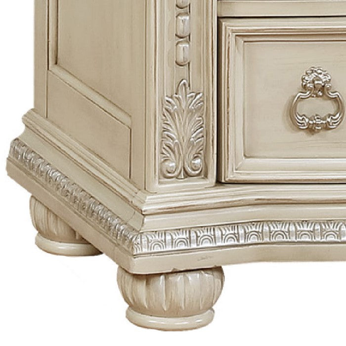 5 Drawers Wooden Chest with Engraved Details and Bun Feet, Antique White