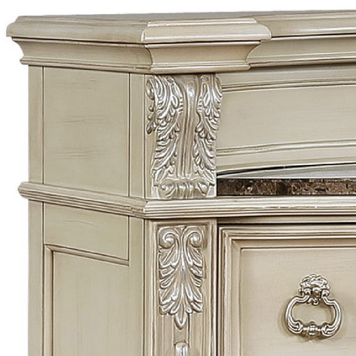 5 Drawers Wooden Chest with Engraved Details and Bun Feet, Antique White