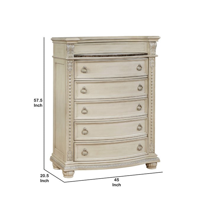 5 Drawers Wooden Chest with Engraved Details and Bun Feet, Antique White