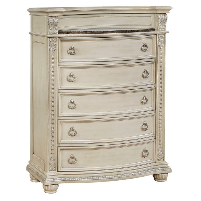 5 Drawers Wooden Chest with Engraved Details and Bun Feet, Antique White