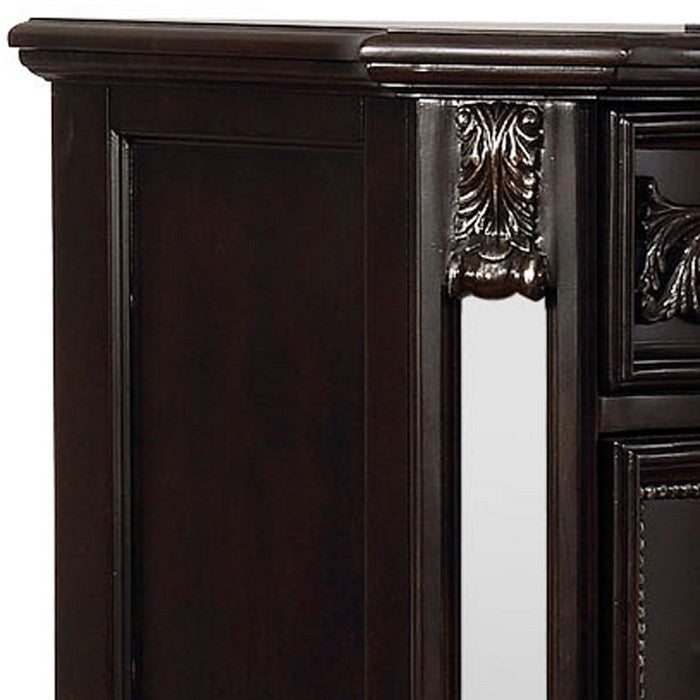 5 Drawers Wooden Chest with Engraved and Beaded Details, Dark Brown