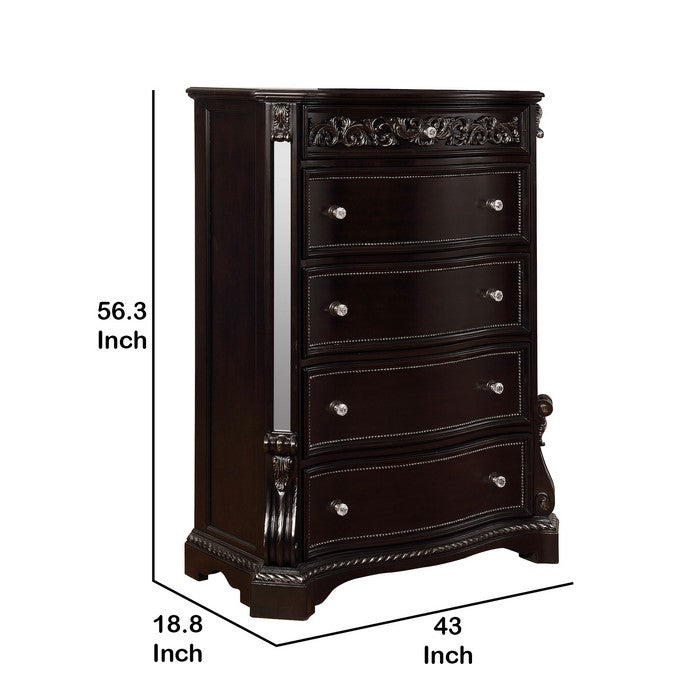 5 Drawers Wooden Chest with Engraved and Beaded Details, Dark Brown