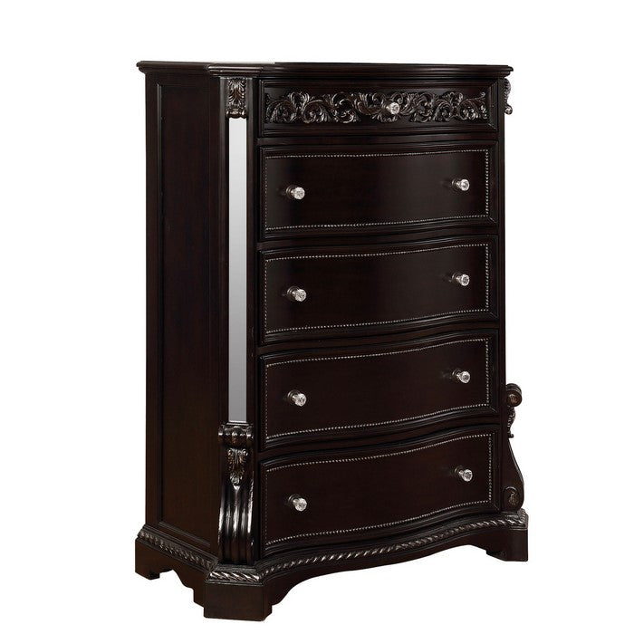 5 Drawers Wooden Chest with Engraved and Beaded Details, Dark Brown