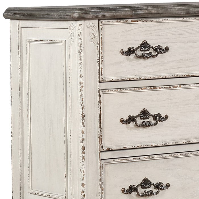 5 Drawers Wooden Chest with Antique Pulls and Curved Bottom,White and Brown