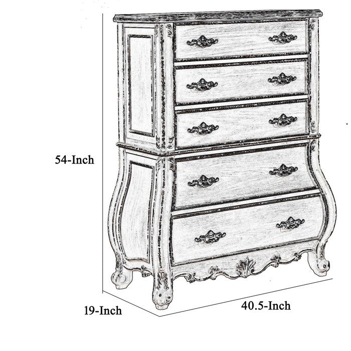 5 Drawers Wooden Chest with Antique Pulls and Curved Bottom,White and Brown