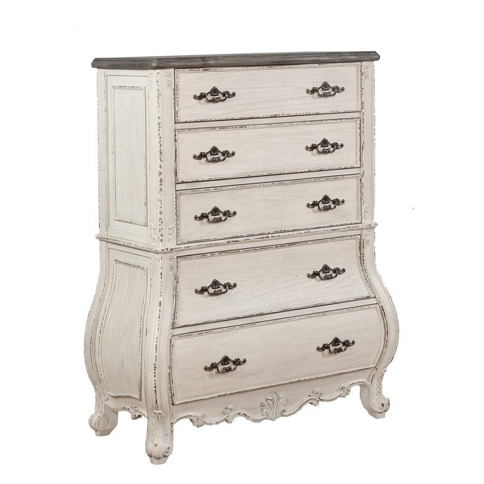 5 Drawers Wooden Chest with Antique Pulls and Curved Bottom,White and Brown