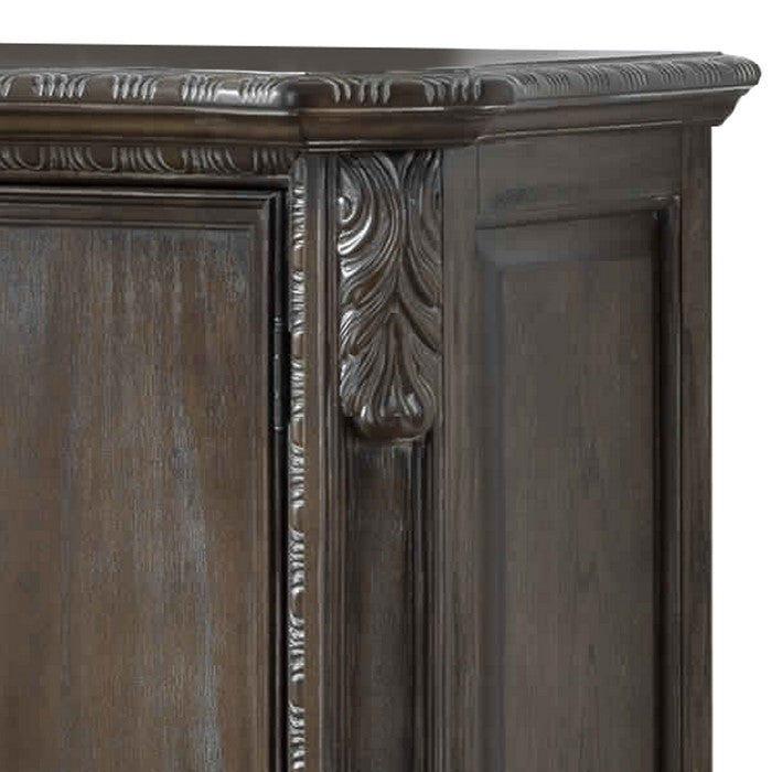 Engraved Wooden Frame Sideboard with 3 Drawers and 2 Doors, Brown