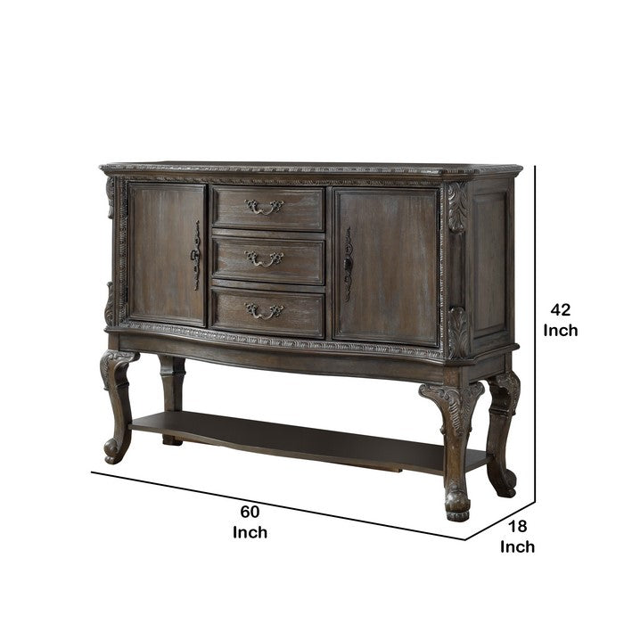 Engraved Wooden Frame Sideboard with 3 Drawers and 2 Doors, Brown
