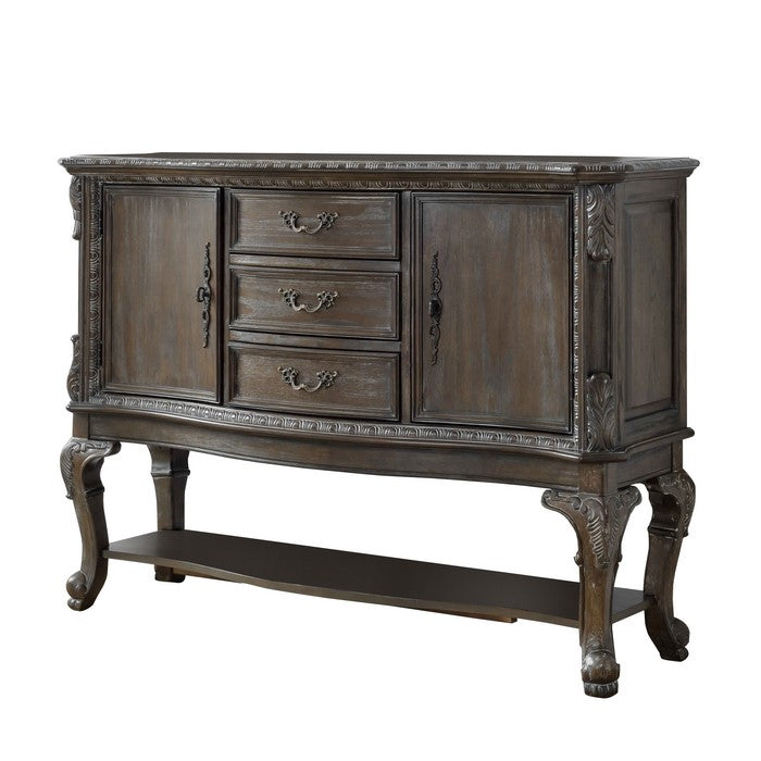Engraved Wooden Frame Sideboard with 3 Drawers and 2 Doors, Brown