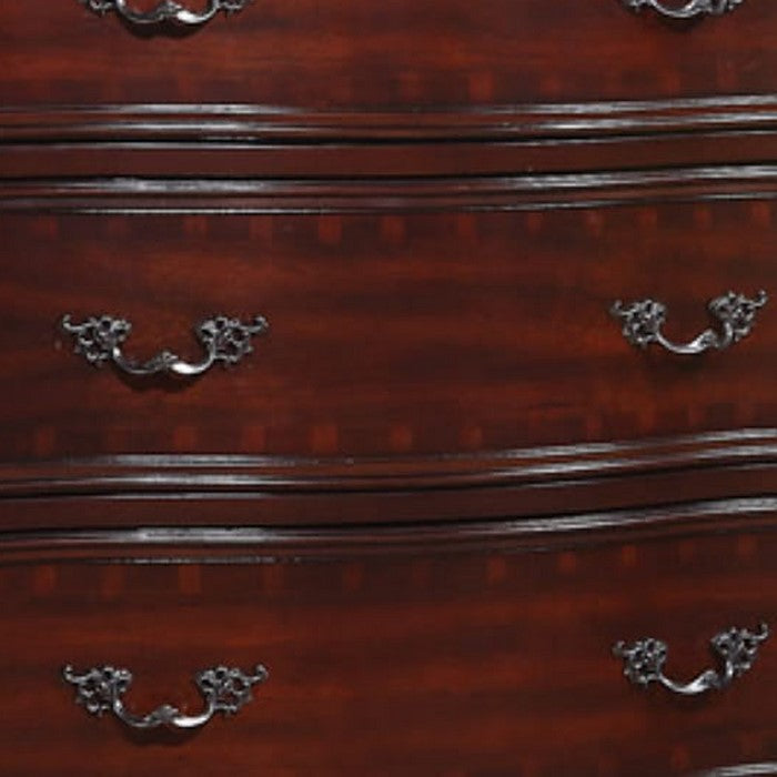 6 Drawers Wooden Chest with Engraved Details and Bracket Feet, Cherry Brown
