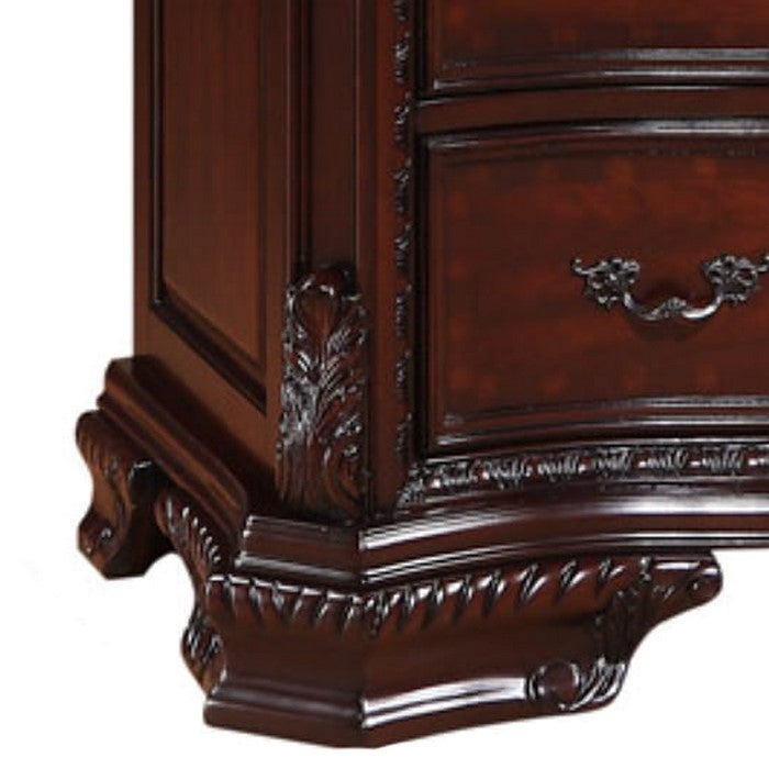 6 Drawers Wooden Chest with Engraved Details and Bracket Feet, Cherry Brown