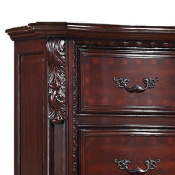 6 Drawers Wooden Chest with Engraved Details and Bracket Feet, Cherry Brown