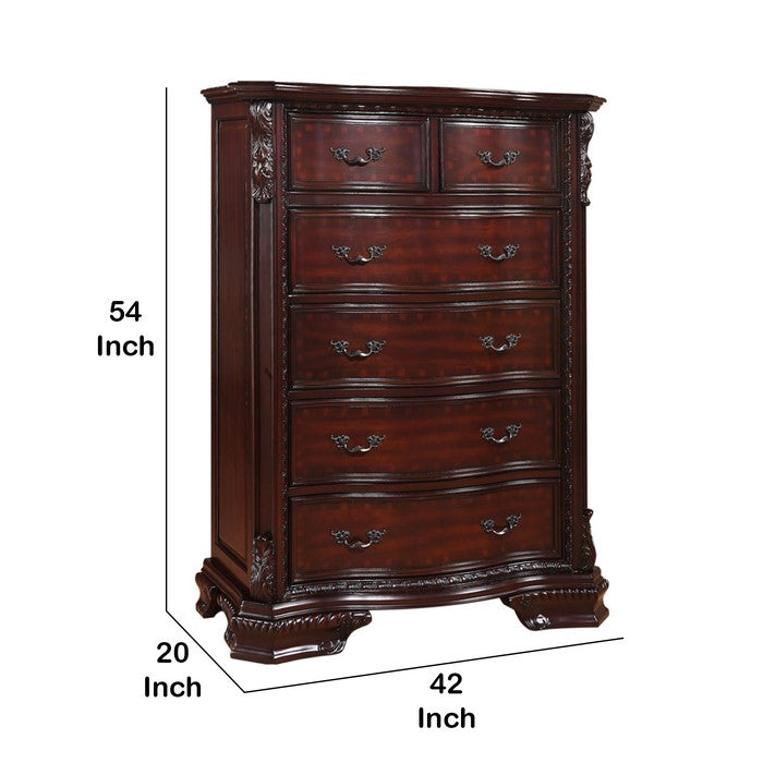 6 Drawers Wooden Chest with Engraved Details and Bracket Feet, Cherry Brown
