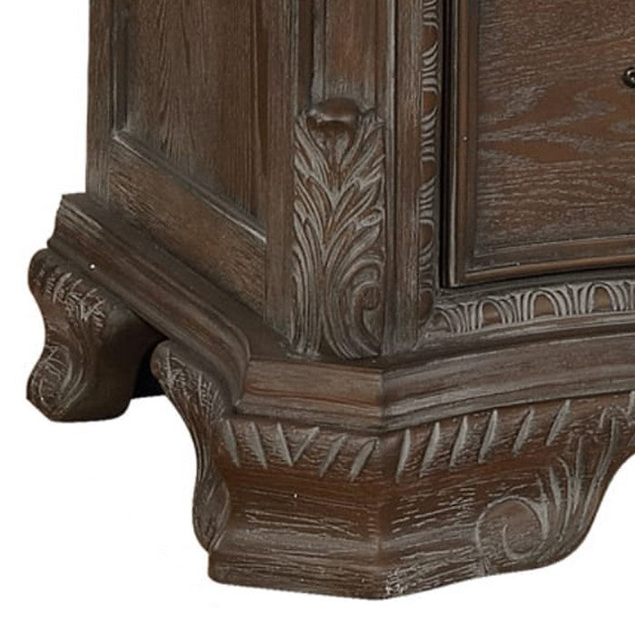 6 Drawers Wooden Chest with Engraved Details and Bracket Feet, Brown