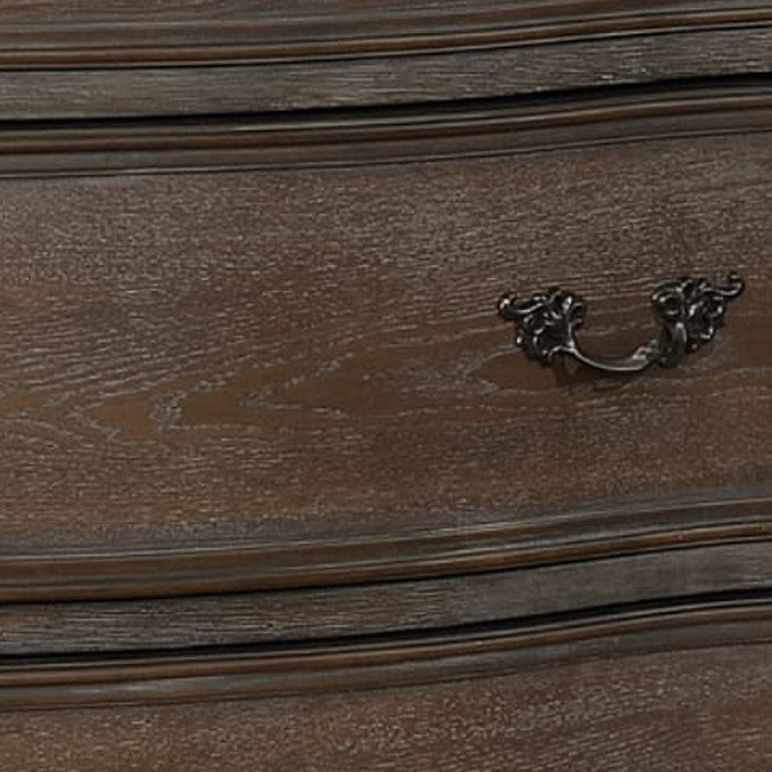 6 Drawers Wooden Chest with Engraved Details and Bracket Feet, Brown