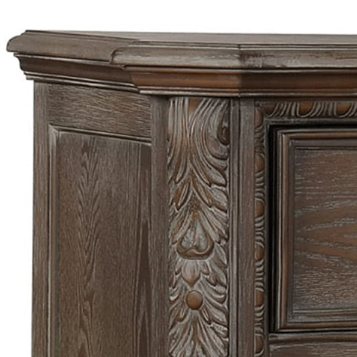 6 Drawers Wooden Chest with Engraved Details and Bracket Feet, Brown