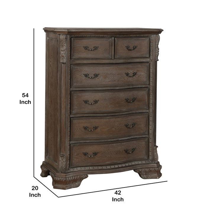 6 Drawers Wooden Chest with Engraved Details and Bracket Feet, Brown