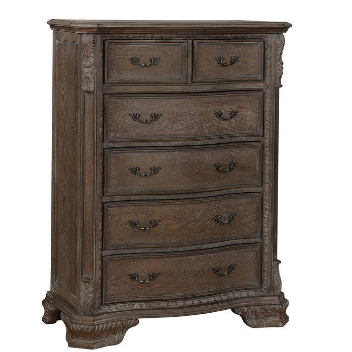 6 Drawers Wooden Chest with Engraved Details and Bracket Feet, Brown