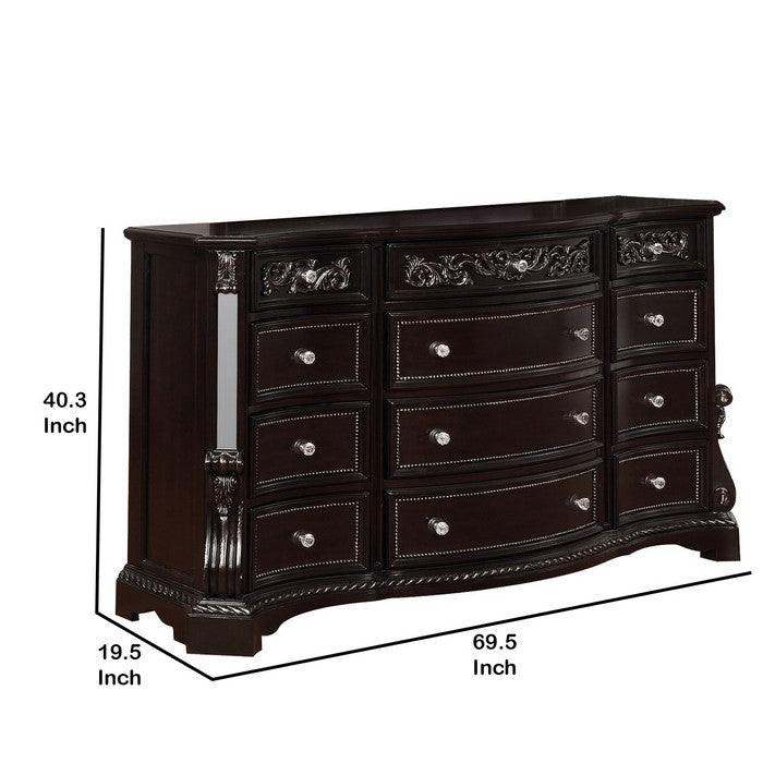 12 Drawers Wooden Dresser with Engraved and Beaded Details, Dark Brown