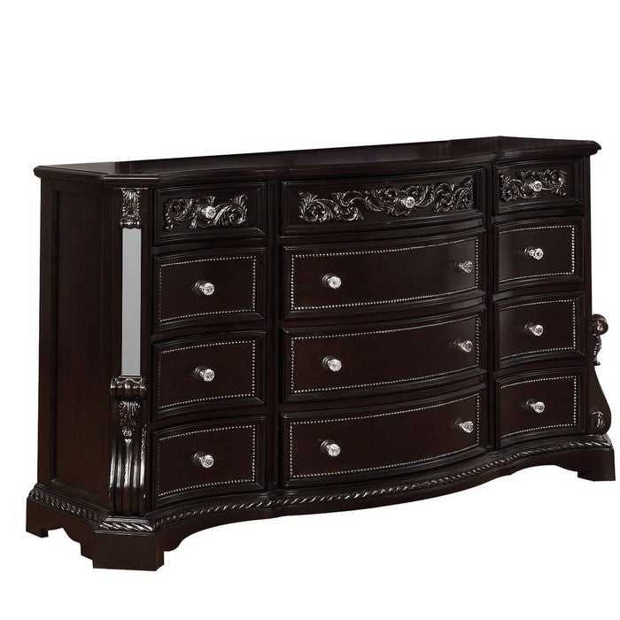 12 Drawers Wooden Dresser with Engraved and Beaded Details, Dark Brown