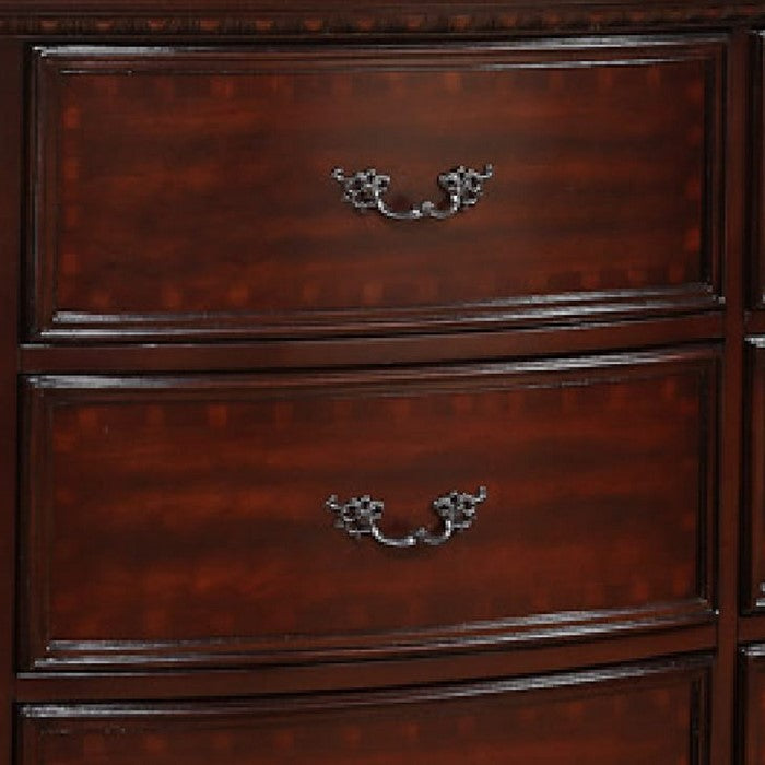 9 Drawers Dresser with Engraved Details and Bracket Feet, Cherry Brown