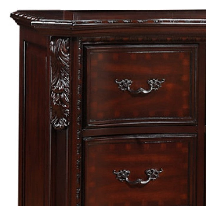 9 Drawers Dresser with Engraved Details and Bracket Feet, Cherry Brown