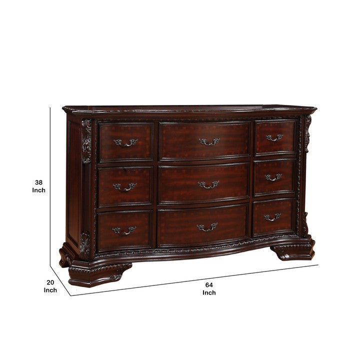 9 Drawers Dresser with Engraved Details and Bracket Feet, Cherry Brown