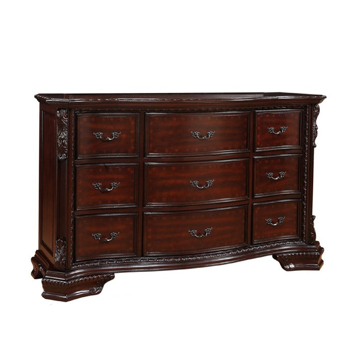 9 Drawers Dresser with Engraved Details and Bracket Feet, Cherry Brown