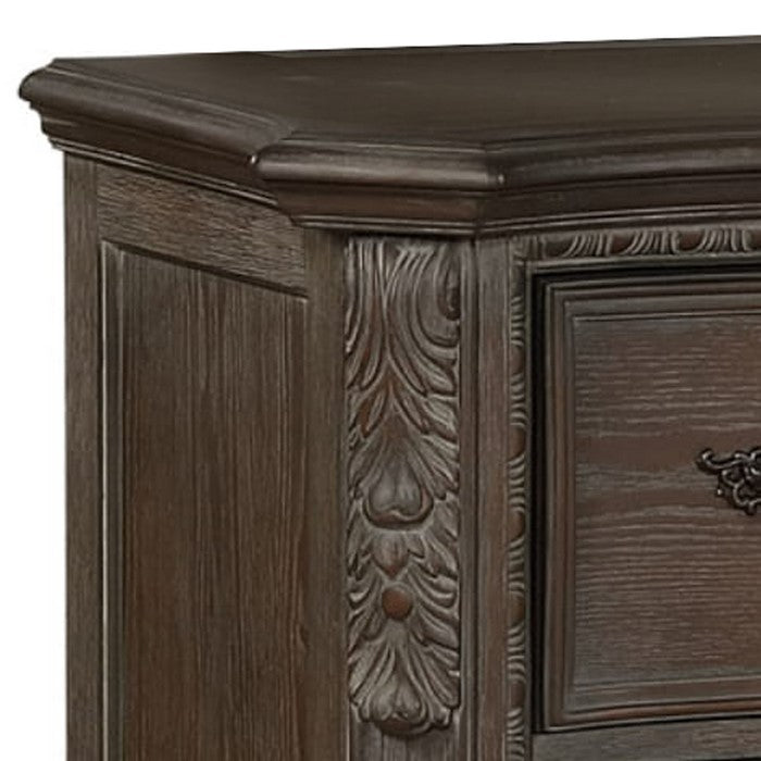 9 Drawers Wooden Dresser with Engraved Details and Bracket Feet, Brown